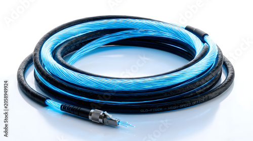 A high-pressure fluid hose with a black outer layer and a bright blue inner hose, coiled neatly and showing a metal fitting at one end.