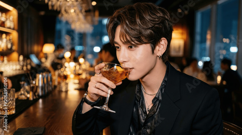 Young Asian Man with Brown Hair Sipping a Cocktail at an Elegant Bar