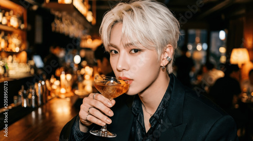 Young Asian Man with Silver Hair Sipping a Cocktail