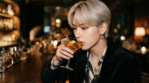 Young Asian Man with Silver Hair Sipping a Cocktail