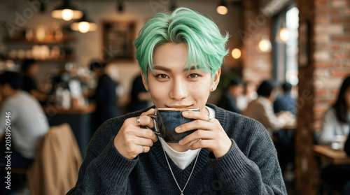 Young Asian Man with Mint Green Hair Sipping Coffee