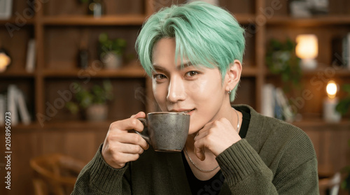 Young Asian Man with Mint Green Hair Sipping Coffee