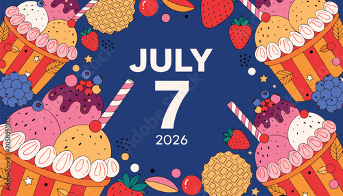 Obraz na plátne Colorful illustrated ice cream cones framing the date July seventh 2026