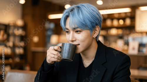 Young Asian Man with Blue Hair Drinking Coffee
