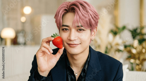 Young Asian Man with Pink Hair Holding a Strawberry