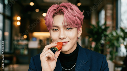 Young Asian Man with Pink Hair Holding a Strawberry