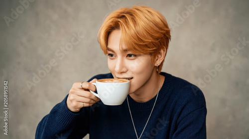 Young Asian Man with Blonde Hair Drinking Coffee