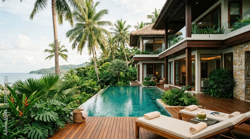 Fototapeta premium Luxury tropical villa with infinity pool overlooking the ocean and lush palm trees