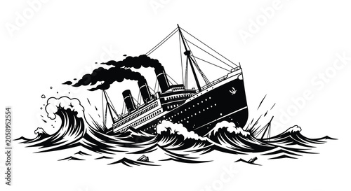 Foto ocean liner ship with smoke and waves in dramatic black and white silhouette