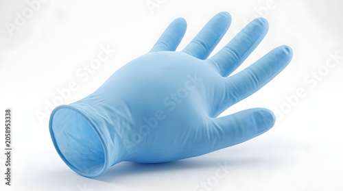A single blue nitrile glove lies open and ready on a clean surface, symbolizing protection and hygiene in medical or laboratory settings.