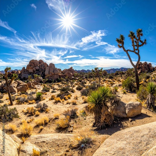 Bright desert sun, rocky landscape
