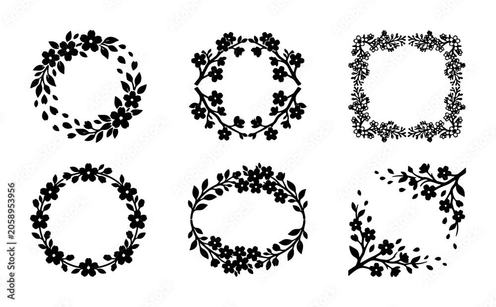 Fototapeta premium Floral Wreath and Frame Vector Set, Delicate Botanical Borders, Decorative Flourish Elements, Elegant Black and White Design Assets