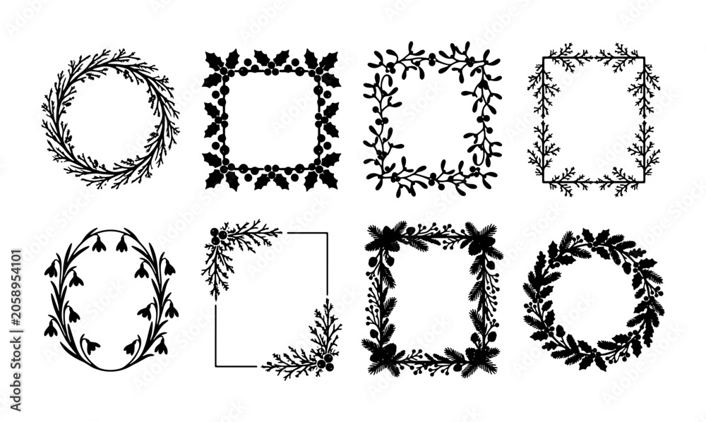 Fototapeta premium Elegant Floral Wreath and Frame Vector Set, Decorative Botanical Borders, Organic Leafy Accents, Hand-Drawn Style Design Elements