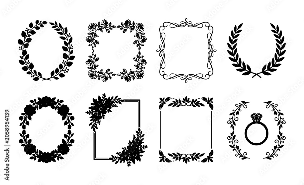 Fototapeta premium Elegant Floral and Laurel Wreath Vector Frames, Decorative Borders for Invitations and Certificates, Set of 8 Black Silhouettes