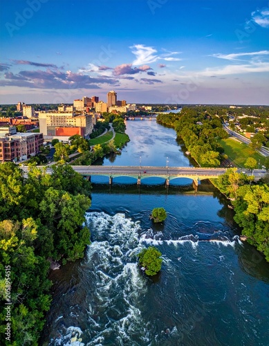 Cityscape river with rapids