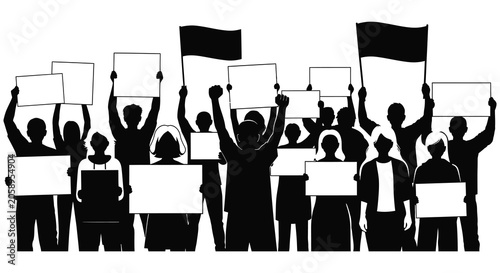 Bild auf Leinwand Group of people holding protest signs and flags black silhouette
