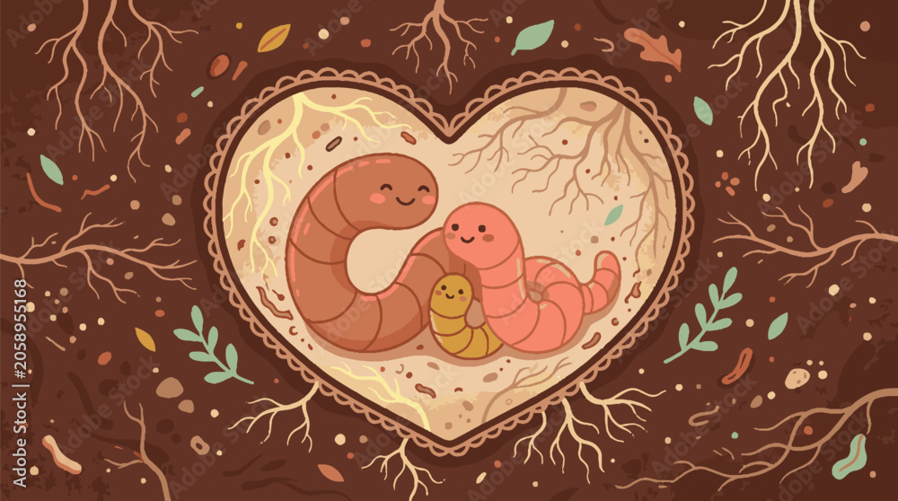 Obraz premium Cute cartoon worm family inside a heart shape illustration.