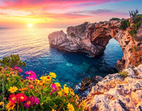 Coastal arch at vibrant sunset