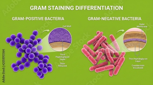 Gram Staining Differentiation of Positive and Negative Bacteria Microscopic View