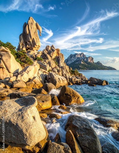 Coastal rock formations in sunlight