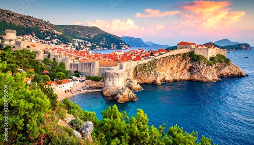 Coastal walled city bathed in sunset
