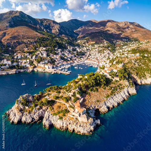 Coastal village with harbor and castle
