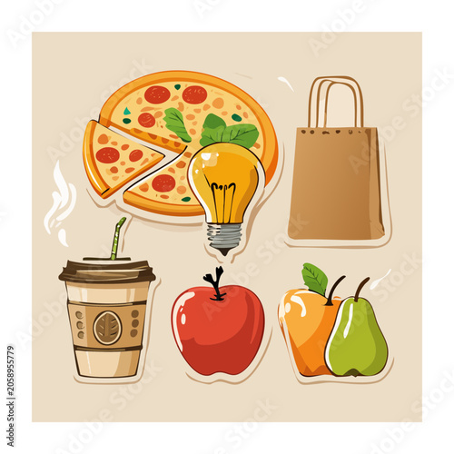 Flat design food and object icons set
