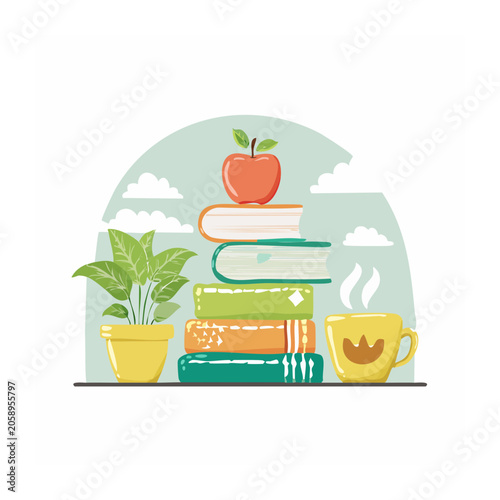 Flat design illustration of books, apple, plant, and coffee