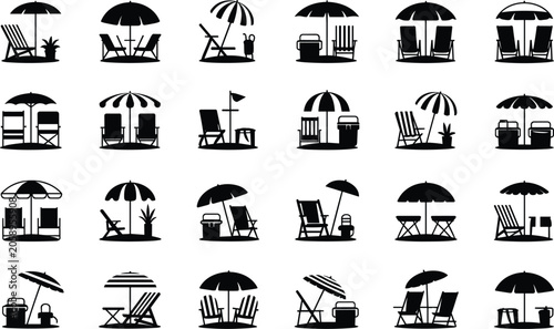 Photos Beach relaxation silhouette icons with sun umbrellas lounge chairs coolers and t
