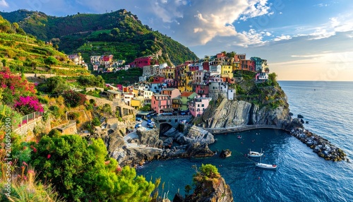 Colorful cliffside village by sea
