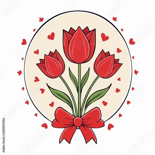 Red Tulips with Red Bow and Hearts