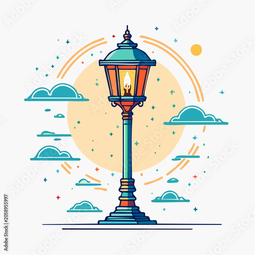 Vintage Street Lamp Illustration with Clouds and Sun