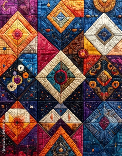 Colorful geometric quilted textile pattern