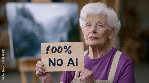 Senior woman with white hair holds wooden sign with text 100% no ai in art studio