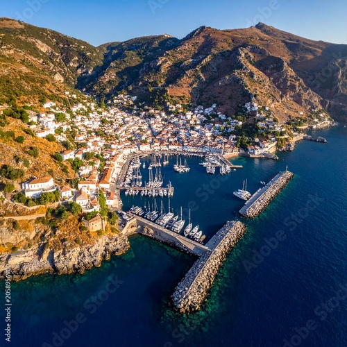 Coastal town with harbor and boats