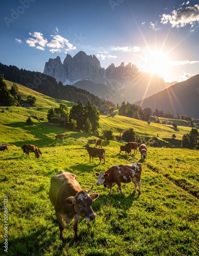 Cows graze in sunny mountain meadow