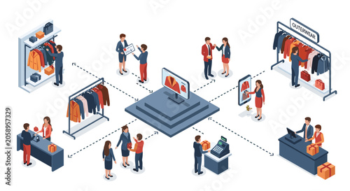 Isometric illustration of a modern retail clothing store with various customers browsing racks, trying on items, and paying at the counter.