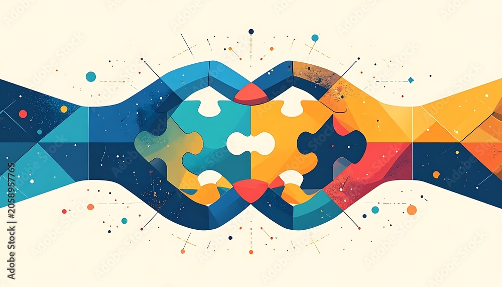 Naklejka premium Interlocked puzzle pieces bridge blue and yellow abstract shapes with colorful dots, lines and geometrical elements