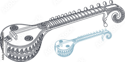 Fotografie Traditional Indian stringed musical instruments, sitar and veena, vector illustr
