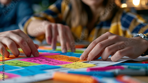 Close-up of hands moving sticky note clusters across a tabletop SEO keyword map, topic authority groupings being reorganized during content sprint planning, dry-erase markers scattered nearby, conte