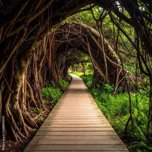Enchanting forest walkway through trees