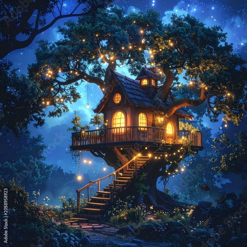 Enchanted woodland treehouse at night