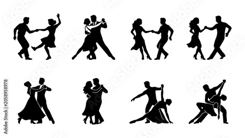 Quadro su tela Silhouette Dance Couples Vector Set, Ballroom and Latin Dance Poses, Elegant Mov