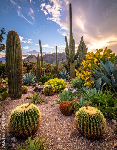 Desert garden oasis at sunset