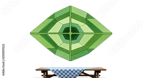 Abstract geometric green leaf pattern decorative wall art above wooden table with geometric abstract decorative symmetry furniture interior botanical structure composition ornament