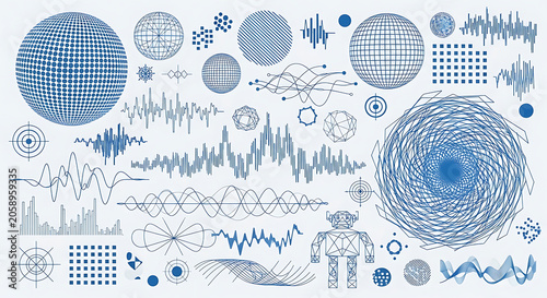 Set of blue technological circuitry and digital data wave icons with circuitry technology electronics abstract elements connection computer information patterns technical engineering