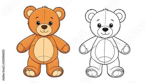Illustration showing colored and outline version of a stuffed teddy bear, isolated on a white background