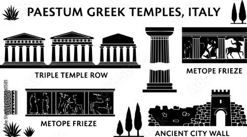 Cuadro en lienzo Ancient Greek Temple Silhouette Set – Column Row, Parthenon, Classical Architect