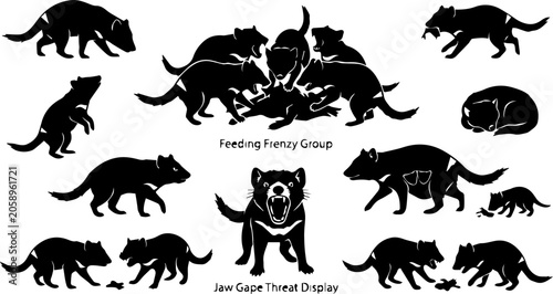 Foto Feeding Frenzy Animal Group Silhouette Set – Bear, Wolf, Wild Dog, Scavenging Wi