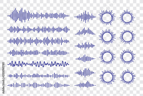 Podcast audio waveform and equalizer bars set, monochrome sound frequency lines and voice recording elements. Geometric equalizer bars, abstract ripple shapes and voice recording graphic elements. 